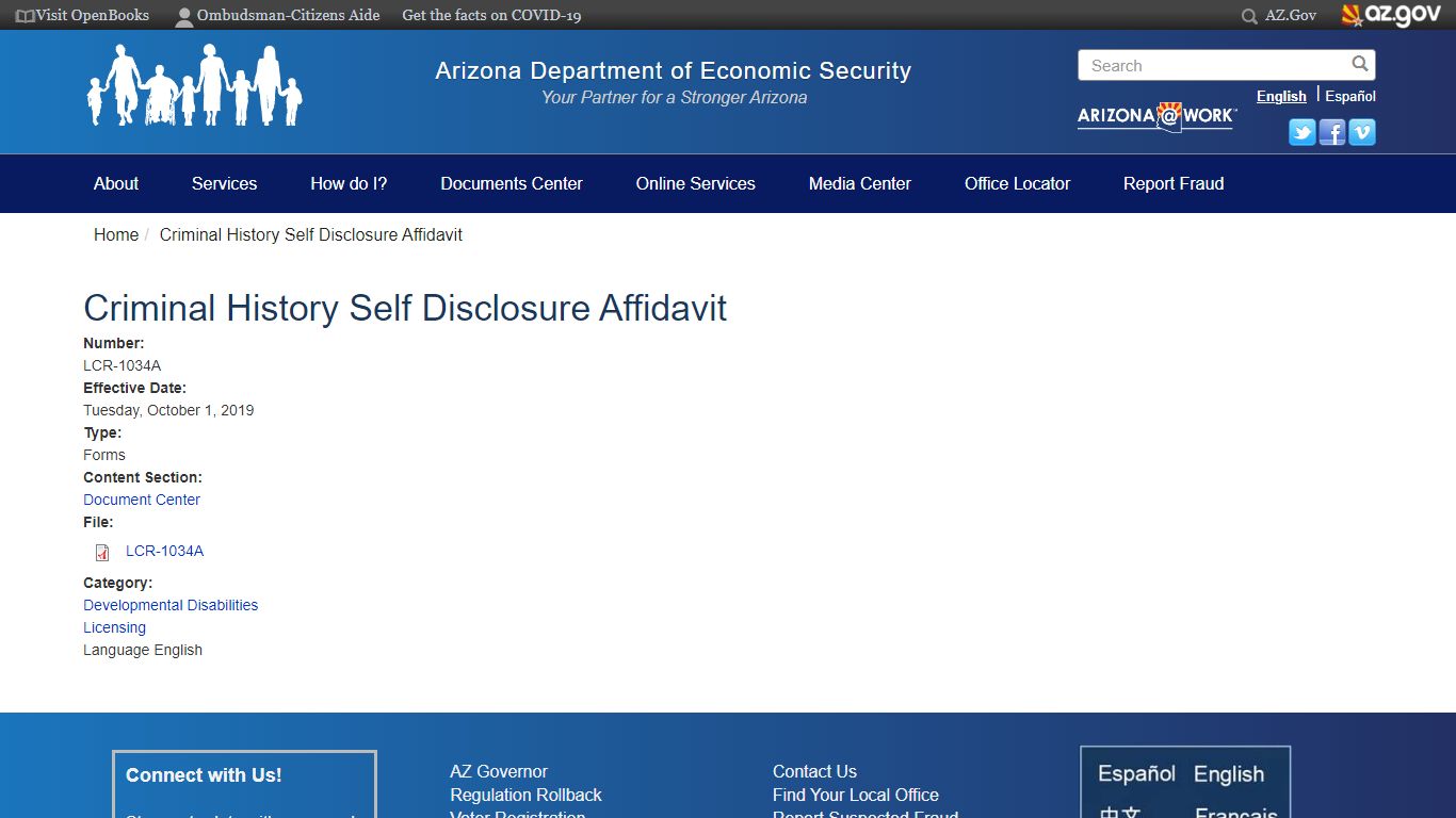 Criminal History Self Disclosure Affidavit | Arizona Department of ...